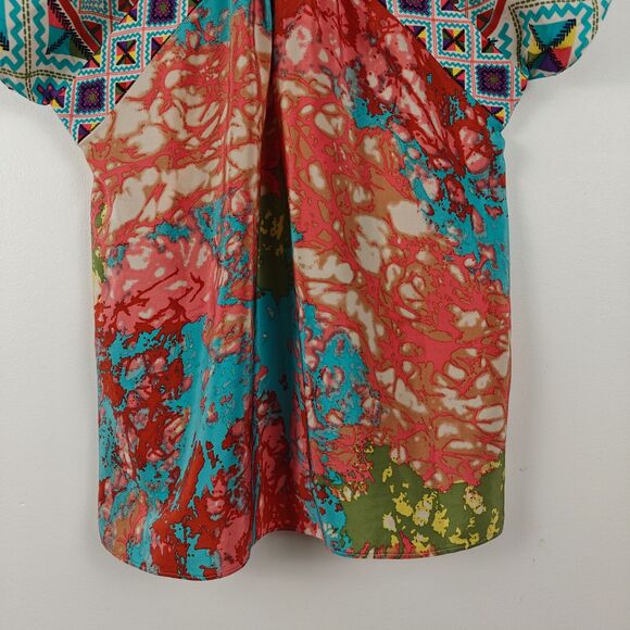 Tibi Eclectic Patterns V-Neck Short Sleeves 100% Silk Blouse Size 4 Boho Artsy - Picture 3 of 8